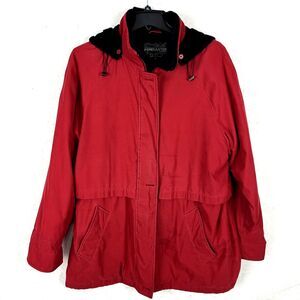 Red Raincoat jacket Womens SZ LG Hoodie Black Fleece lining